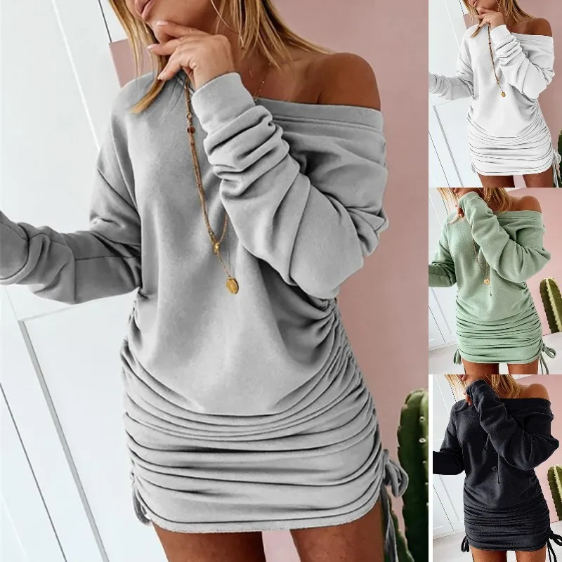 Top Trends: Off Shoulder Ruffled Drawstring Sexy Robe Autumn Pure Women Long Sleeve Mini Pencil Dress Sweatshirt Streetwear Dresses Female Shoppable Styles