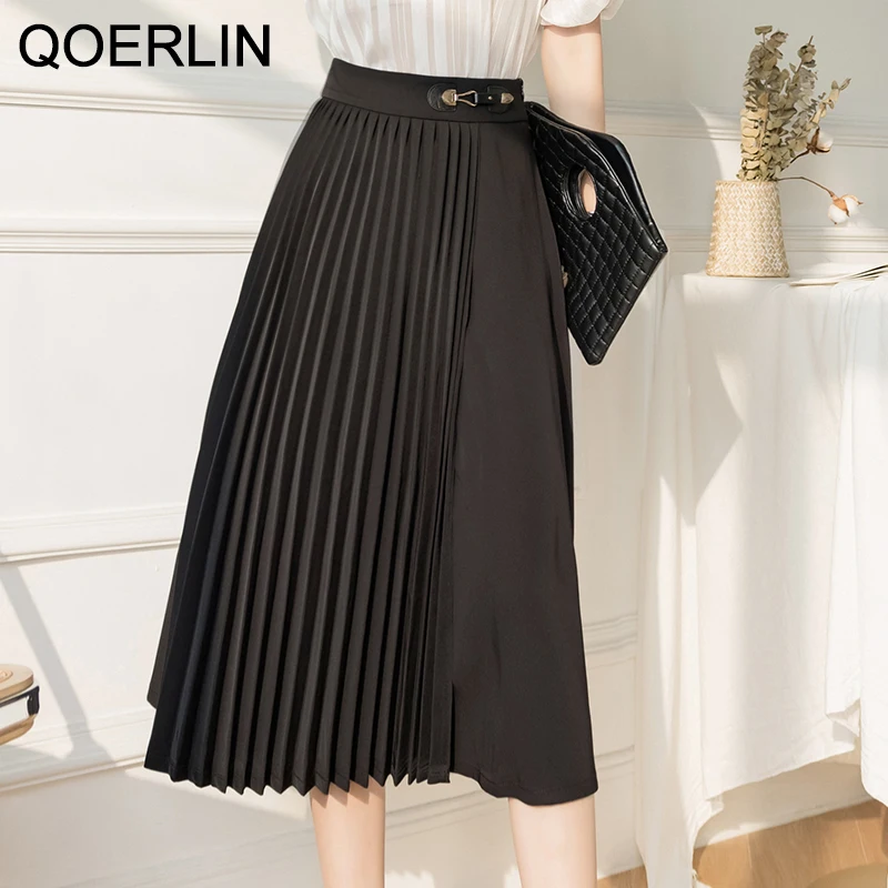 Top Trends: QOERLIN Minimalism OL Style Pleated Skirts Women High Street Solid High Waist Skirt Elegant Knee-Length Outfits Female Clothing Shoppable Styles