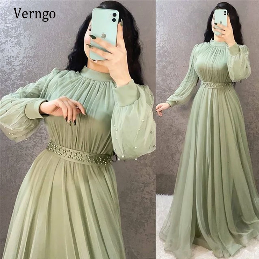 Top Trends: Verngo Modest Teal Green A Line Tulle Prom Dresses Puff Long Sleeves High Neck Draped Beads Sash Arabic Mother Evening Gowns Shoppable Styles