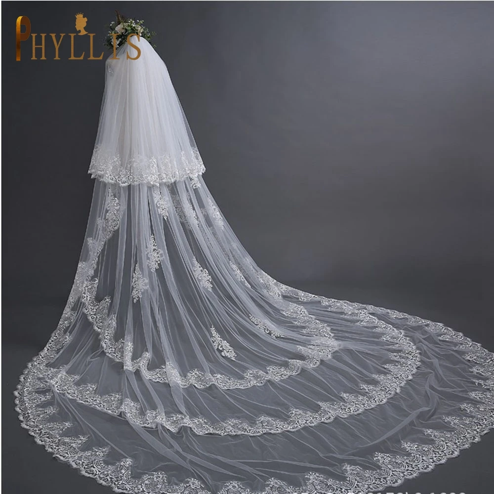 Top Trends: B45 Luxury 3 Meter White Ivory Cathedral Wedding Veils 3 Layer Lace Edge Hijab Wedding Veils Long Bridal Veil With Comb Shoppable Styles