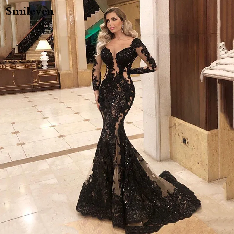 Top Trends: Smileven Mermaid Formal Evening Dress Long Sleeve Sexy Black Long Prom Party Gowns Custom Made Shoppable Styles