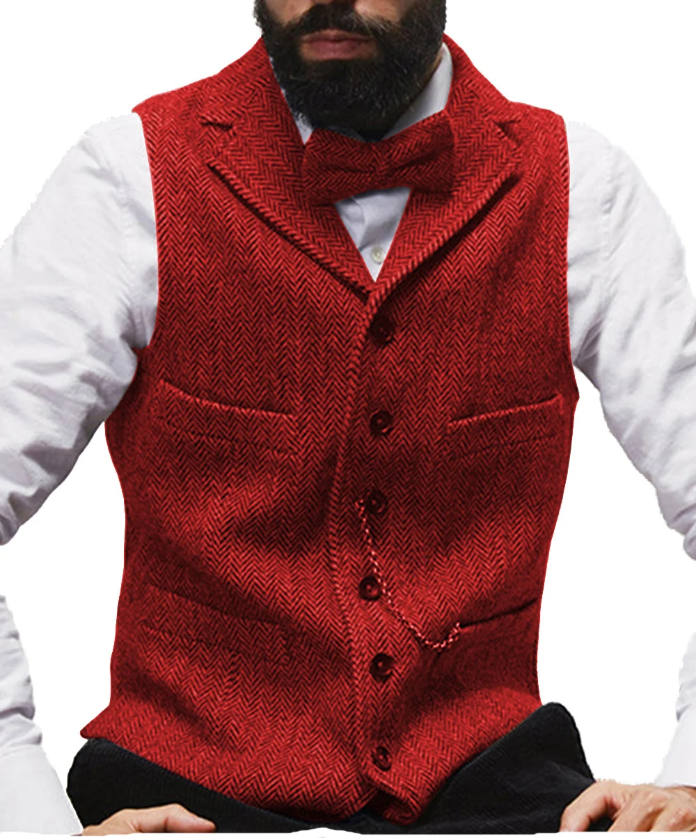 Top Trends: Burgundy / Brown Men&#039;s Suit Vest Slim Fit Herringbone Wool Tweed Notched Lapel Waistcoat For Wedding Groomsmen Mens Vest Casual Shoppable Styles