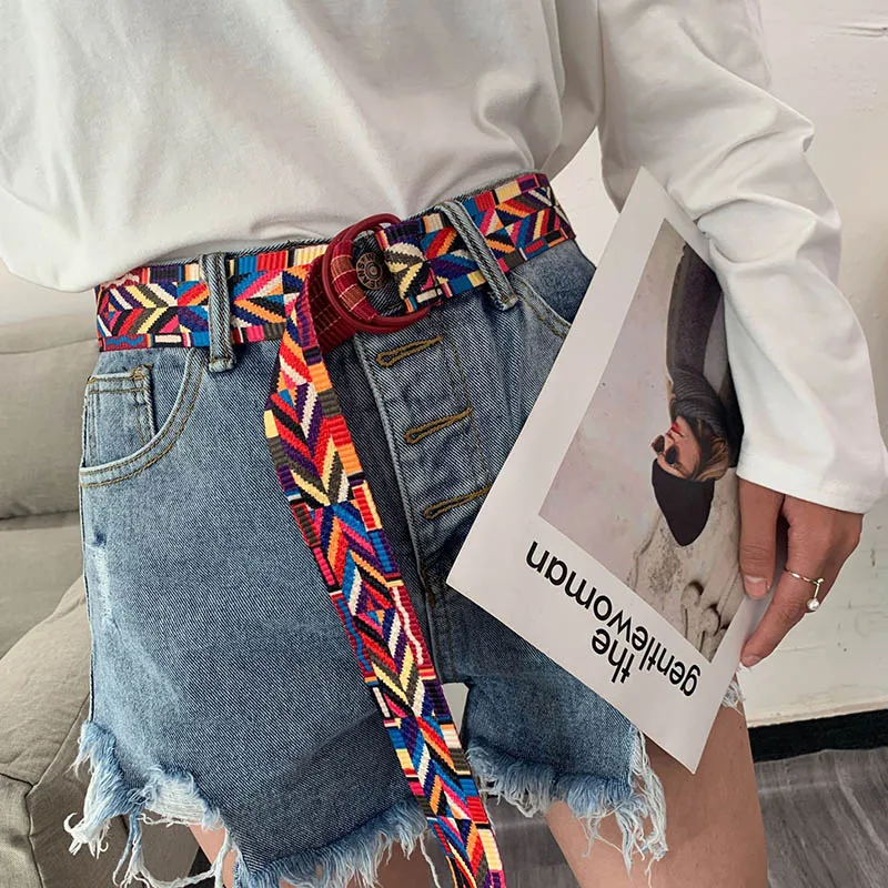 Top Trends: Ethnic Style Fashion Canvas Printed Striped Belt D Ring Buckle Women Waist Strap Jeans Dress Female Decoration Waistband Shoppable Styles