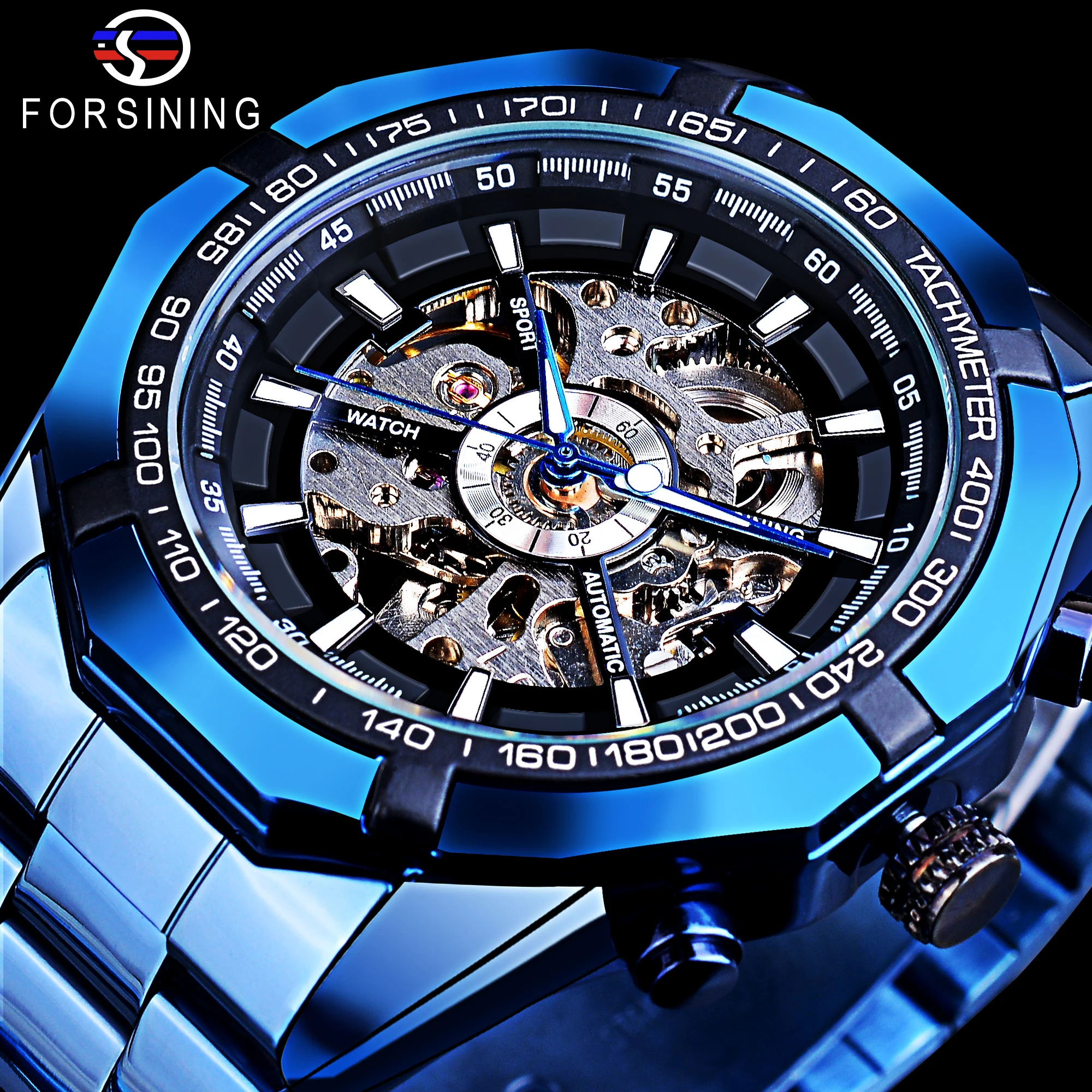 Top Trends: Forsining Mechanical Men&#039;s Wristwatch Skeleton Hollow Automatic Watch 3Bar Stainless Steel Men Watches Blue Fashion Reloj Hombre Shoppable Styles