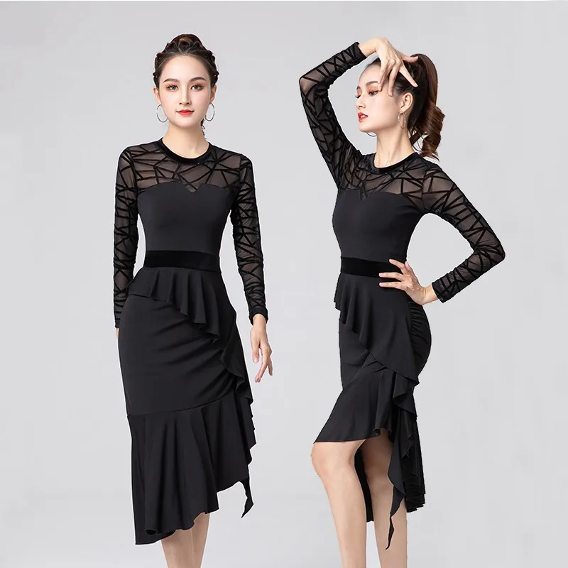 Top Trends: 2021 New Black Latin Dance Dress Sexy Mesh Long Sleeve Woman Practice Dress Performance Ballroom Tango Cha Cha Rumba Costumes Shoppable Styles