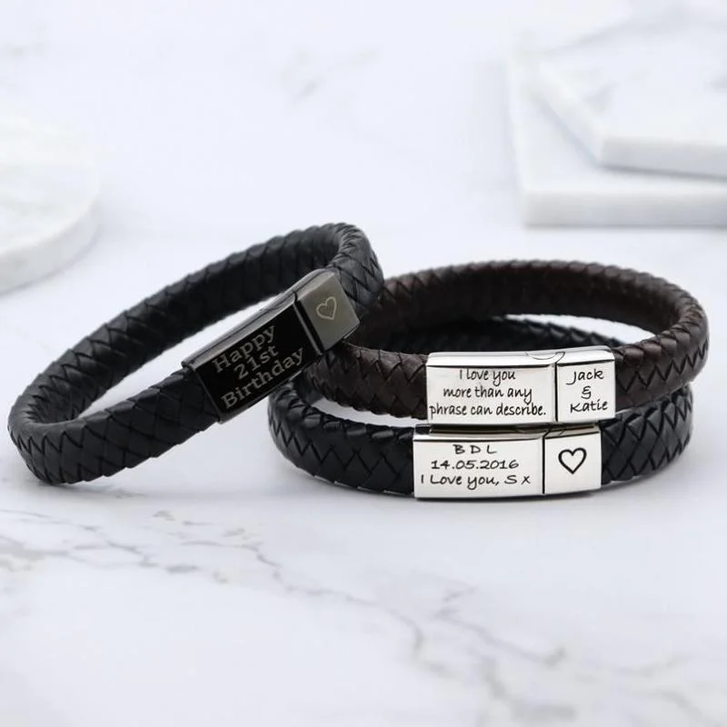 Top Trends: Personalized Names Bracelet For Men Braided Leather Bangle Stainless Steel Magnet Jewelry Custom Family Name Bracelets Gifts Shoppable Styles