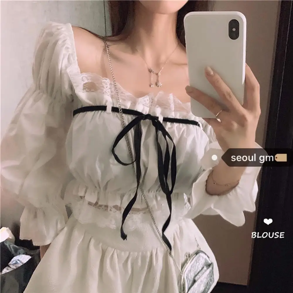 Top Trends: Sexy Top Women Blouse With Lace Up Off Shoulder Tops Puff Sleeve White Shirt Vintage Ruffle Crop Top Solid Color Black Female Shoppable Styles