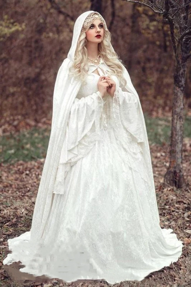 Top Trends: Vintage Gothic White Lace Ball Gown Wedding Dresses With Cloak Plus Size Flare Long Sleeve Celtic Medieval Princess Bridal Dress Shoppable Styles - Image 4