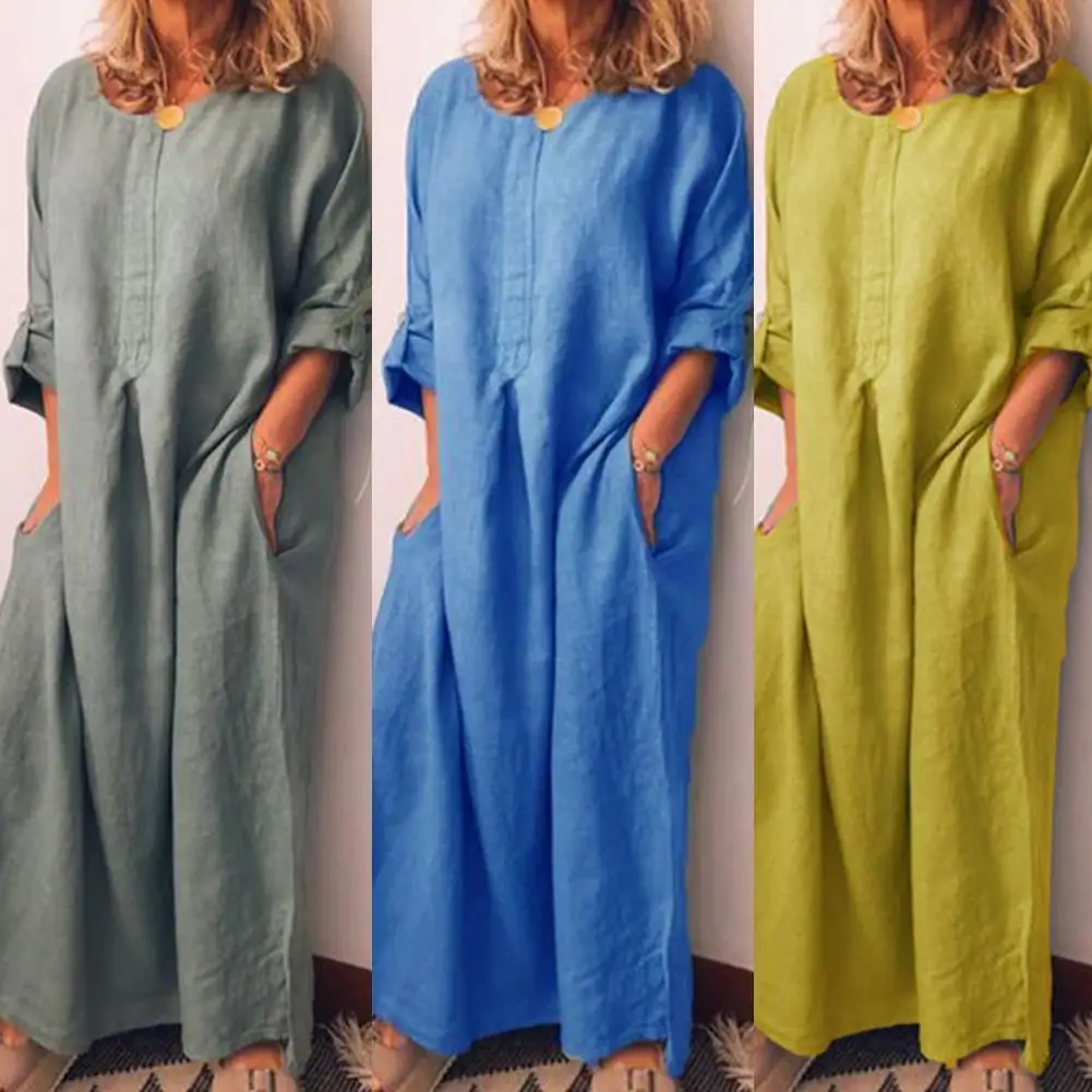 Top Trends: Sell Like Hot Cakes New Women Solid Color Oversized Cotton Linen Long Shirt Dress Boho Beach Casual Party Pocket Dress Shoppable Styles