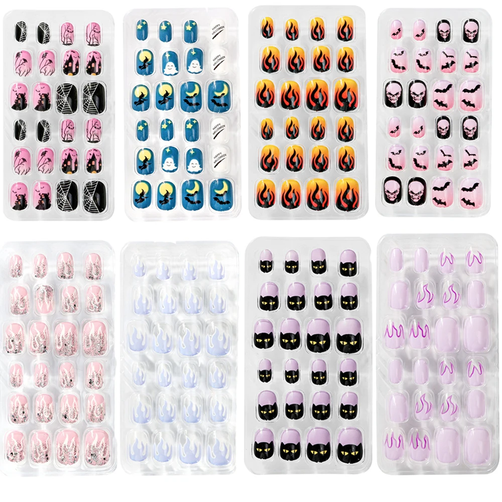 Top Trends: 24Pcs / Lot Children Halloween False Nail Tips Fire Full Cover Kid Glue Self Fake Nail Art For Girls DIY Manicure Tips Nails Decor Shoppable Styles