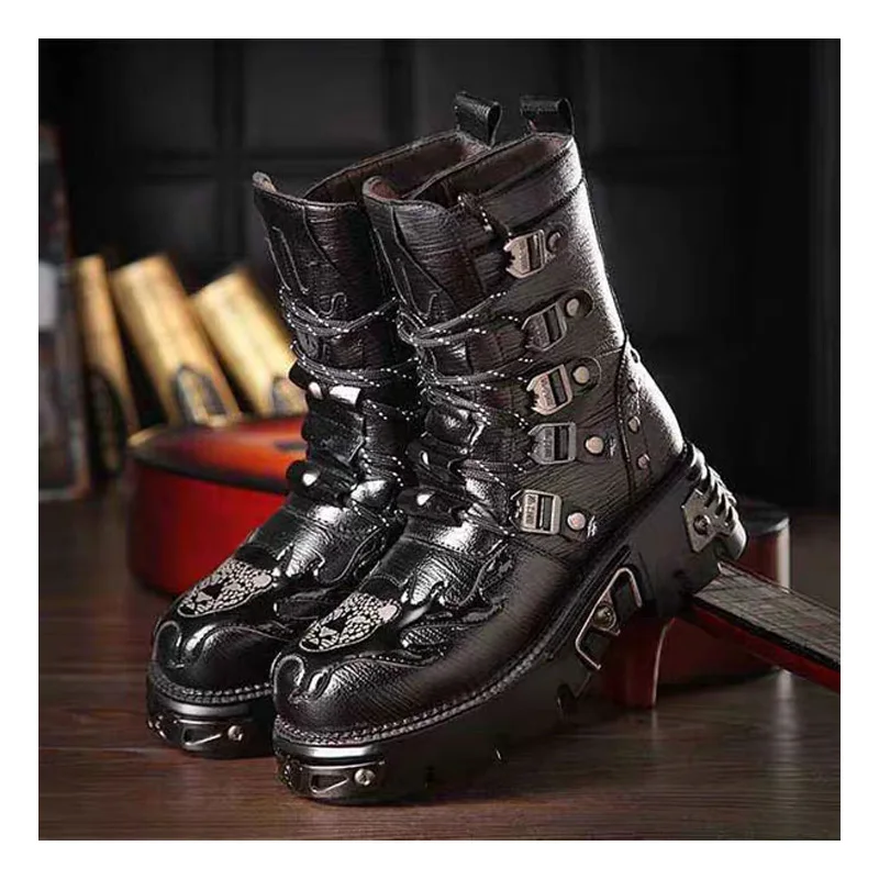 Top Trends: New Retro Gothic Punk Men&#039;s Genuine Leather Motorcycle Boots Platform Rubber Boots Warm Mid-Calf Military Combat Boots Fashion47 Shoppable Styles