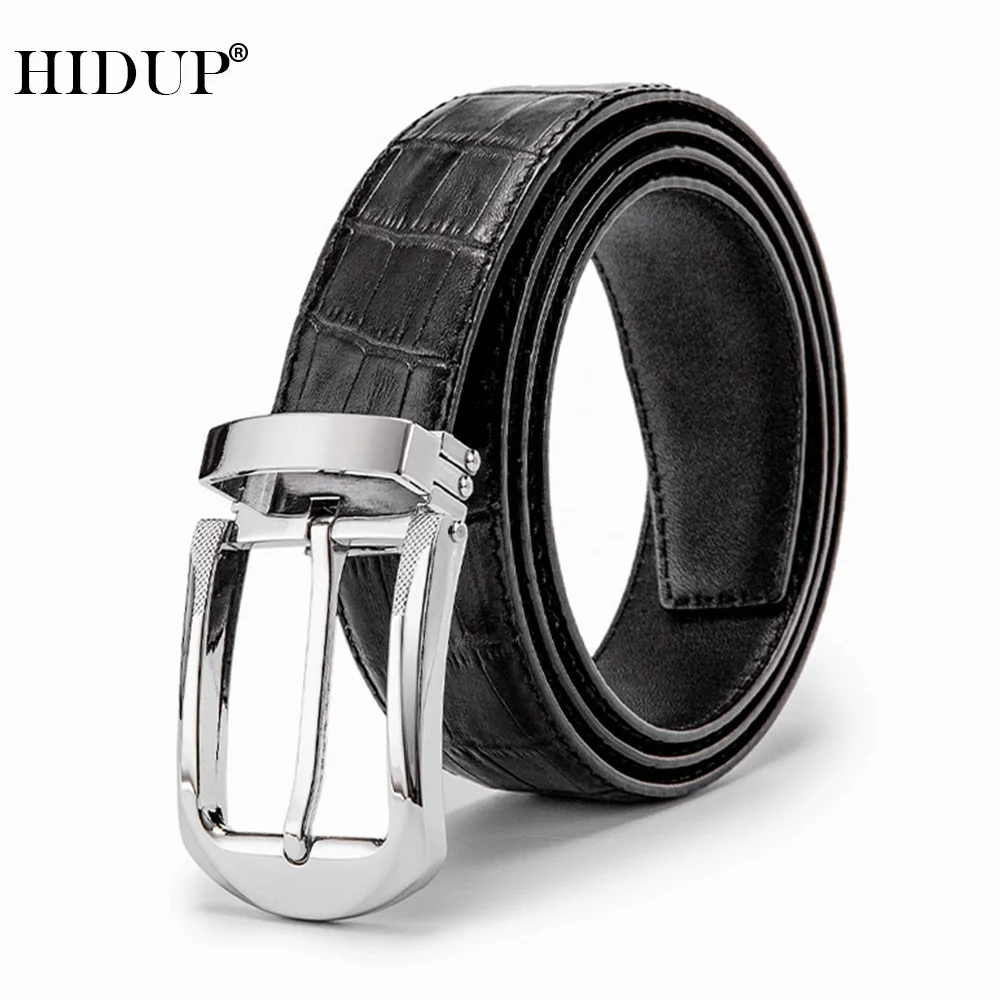 Top Trends: HIDUP Top Quality Simple Design Pin Buckle Metal Belts Men Striped Black Cow Genuine Leather Belt 3.3cm Width Clothes NWJ105 Shoppable Styles