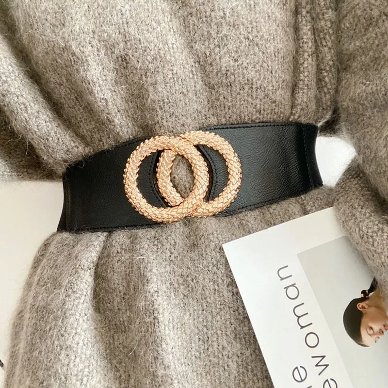 Top Trends: Luxury Brand Leather Elastic Wide Belt For Women Designer Double Circle Buckle Waist Strap Female Coat Dress Waistband Girdle Shoppable Styles