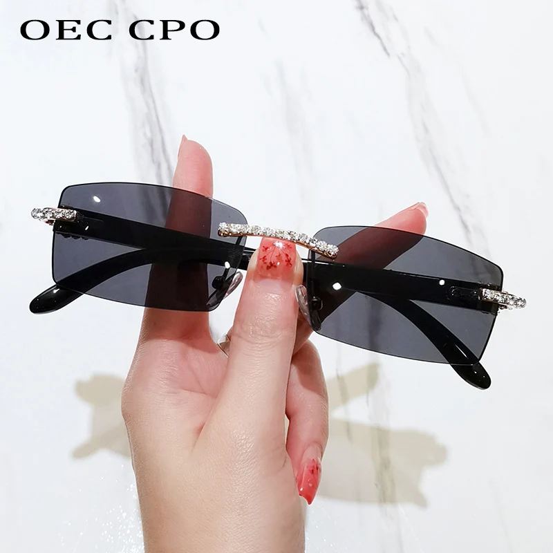 Top Trends: OEC CPO Rimless Diamond Sunglasses Women Vintage Rectangle Sun Glasses Female Shades Rhinestone Square Eyewear Gradient Colors Shoppable Styles