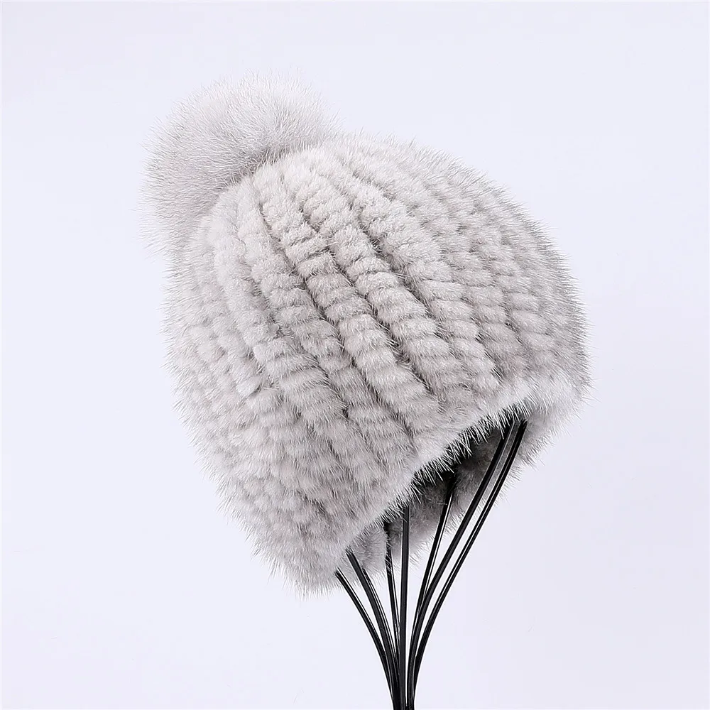 Top Trends: 100% Real Mink Fur Hat Women Winter Knitted Beanie Russian Girls Cap With Fox Fur Pom Poms Thick Female Cap Elastic Shoppable Styles