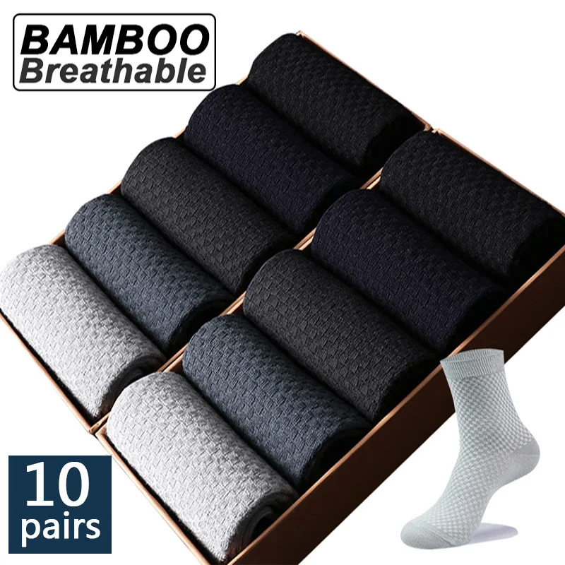 Top Trends: High Quality 10 Pairs / lot Men Bamboo Fiber Socks Men Breathable Compression Long Socks Business Casual Male Large Size 38-45 Shoppable Styles