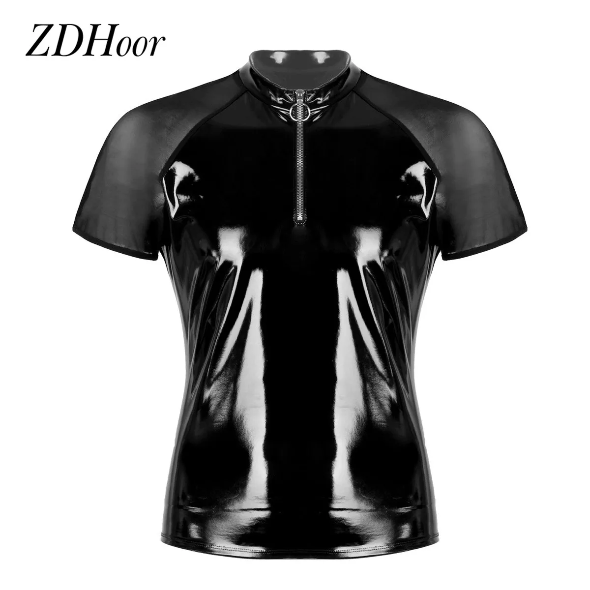 Top Trends: Men Shiny Shirt Wetlook Patent Leather Short Sleeves Summer Sexy T-shirt Sheer Mesh Zipper T-Shirts Tops Clubwear Casual Clothes Shoppable Styles