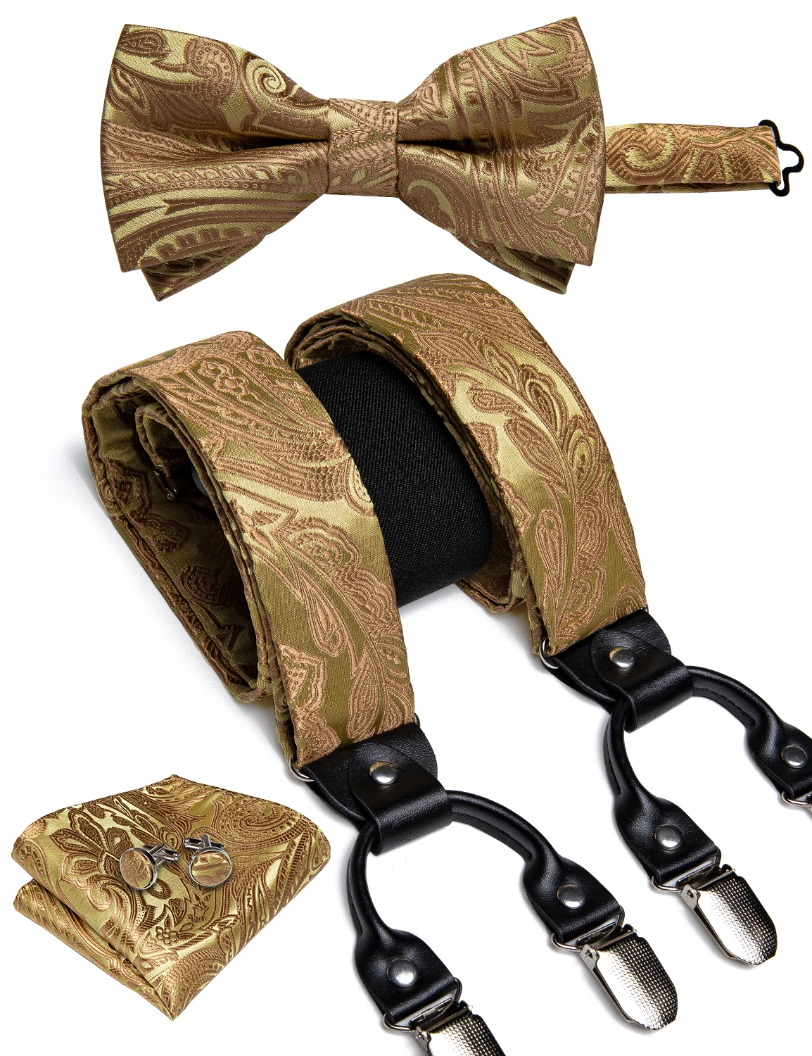 Top Trends: Elegant Gold Paisley Silk Suspenders Men Real Leather Metal 6 Clips Braces Elastic Suspenders Trouser Straps Men's Gift DiBanGu Shoppable Styles