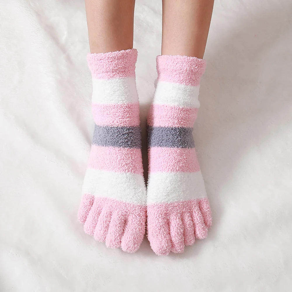 Top Trends: Women's Thick Five Finger Socks Winter Warm Coral Fleece Fluffy Toe Socks Striped Soft Cozy Hosiery Girls Female Floor Slippers Shoppable Styles - Image 3