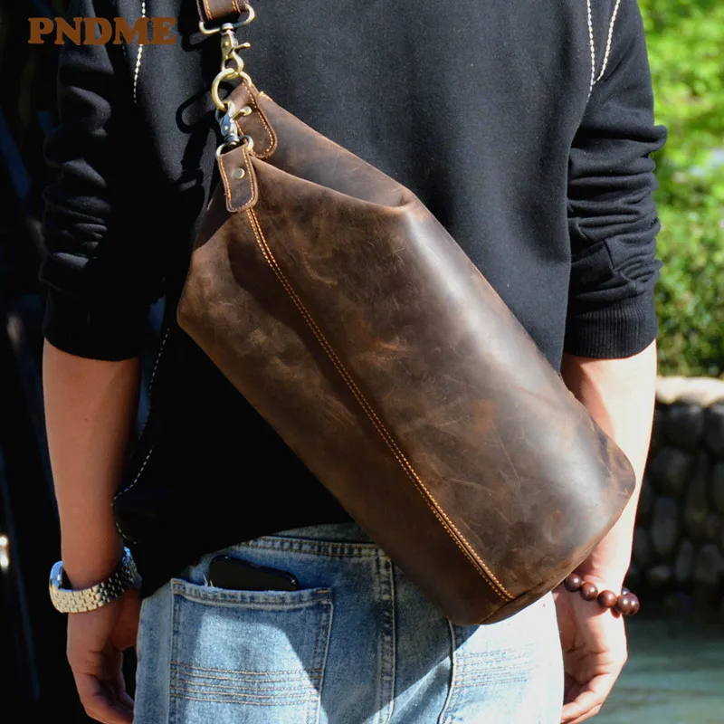 Top Trends: PNDME Vintage Cylinder Design Natural Genuine Leather Men&#039;s Chest Bag Fashion Casual Crazy Horse Cowhide Shoulder Crossbody Bags Shoppable Styles