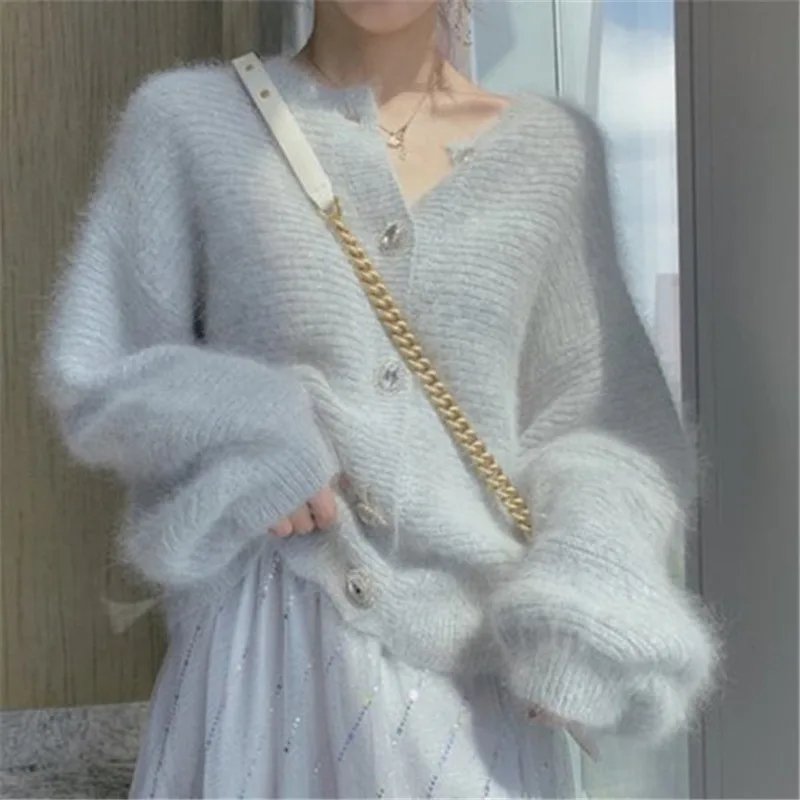 Top Trends: Limiguyue Knitted Fluffy White Blue Cardigan Women Mohair Sweater Loose Casual Winter Autumn Tops Long Sleeve Knitwear K3147 Shoppable Styles