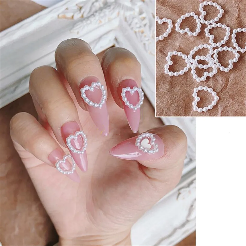 Top Trends: 100pcs / Bag Korea Hollow Heart Pearl Nail Art Charms11mm Jewelry Sticker Pearls Decorations Graduated Color For Nails Design A604 Shoppable Styles