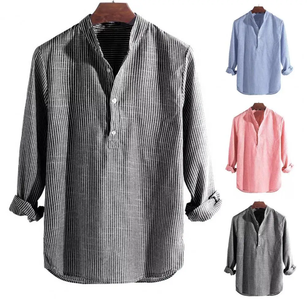 Top Trends: Summer Men&#039;s Shirt Striped Stand Collar Long Sleeve Casual Shirts Single Breasted Plus Size Shirt Top Dropshipping Shoppable Styles