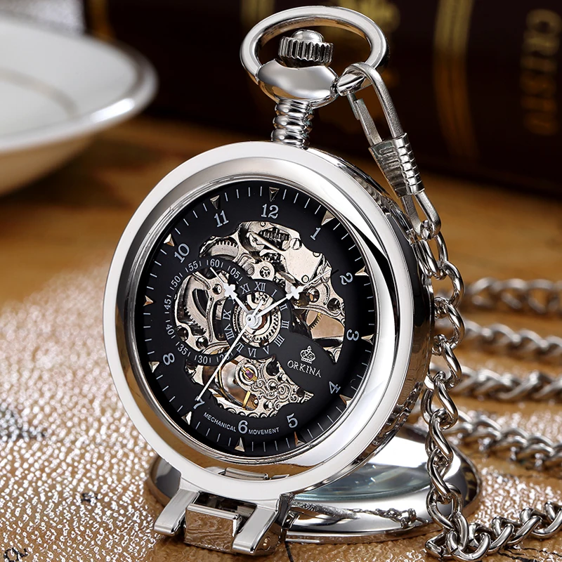 Top Trends: Luxury Stainless Steel Men Vintage Pocket Watch Skeleton Dial Silver Hand Wind Mechanical Male Fob Chain Pendant Clock Watches Shoppable Styles