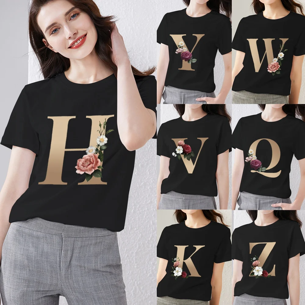 Top Trends: Summer Women's T-shirt 26 English Alphabet Printing Series Short-sleeved Casual Ladies O-neck Personality Soft Short-sleeved Shoppable Styles