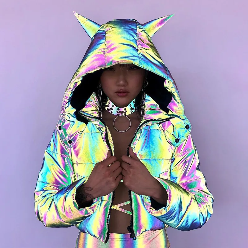 Top Trends: Winter Warm Women Rainbow Reflective Jacket Parka Hip Hop Fashion Short Long Female Cotton-Padded Hooded Coat Crop Top Dropshing Shoppable Styles