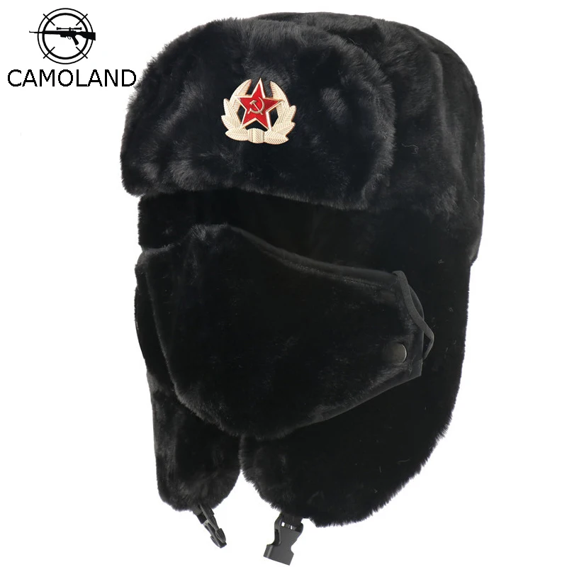 Top Trends: CAMOLAND Soviet Army Military Badge Bomber Hat Chapka Men Women Russia Ushanka Hats Faux Rabbit Fur Earflap Snow Trapper Hats Shoppable Styles - Image 4