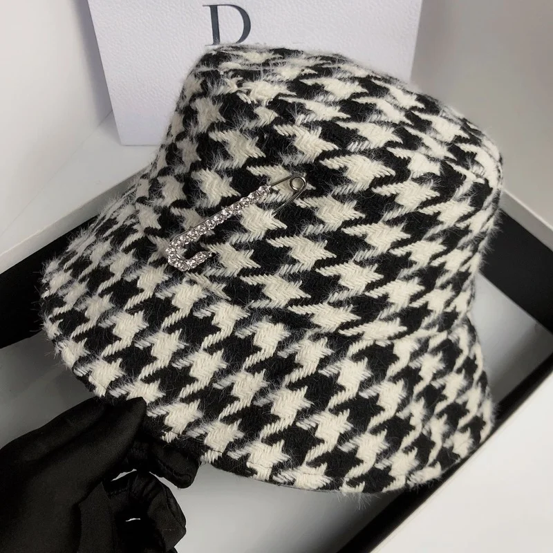 Top Trends: Autumn And Winter Double Layer Woolen Fisherman Hat Korean Retro Houndstooth Basin Hat Big Brand Rhinestone Pin Casual Hat Shoppable Styles