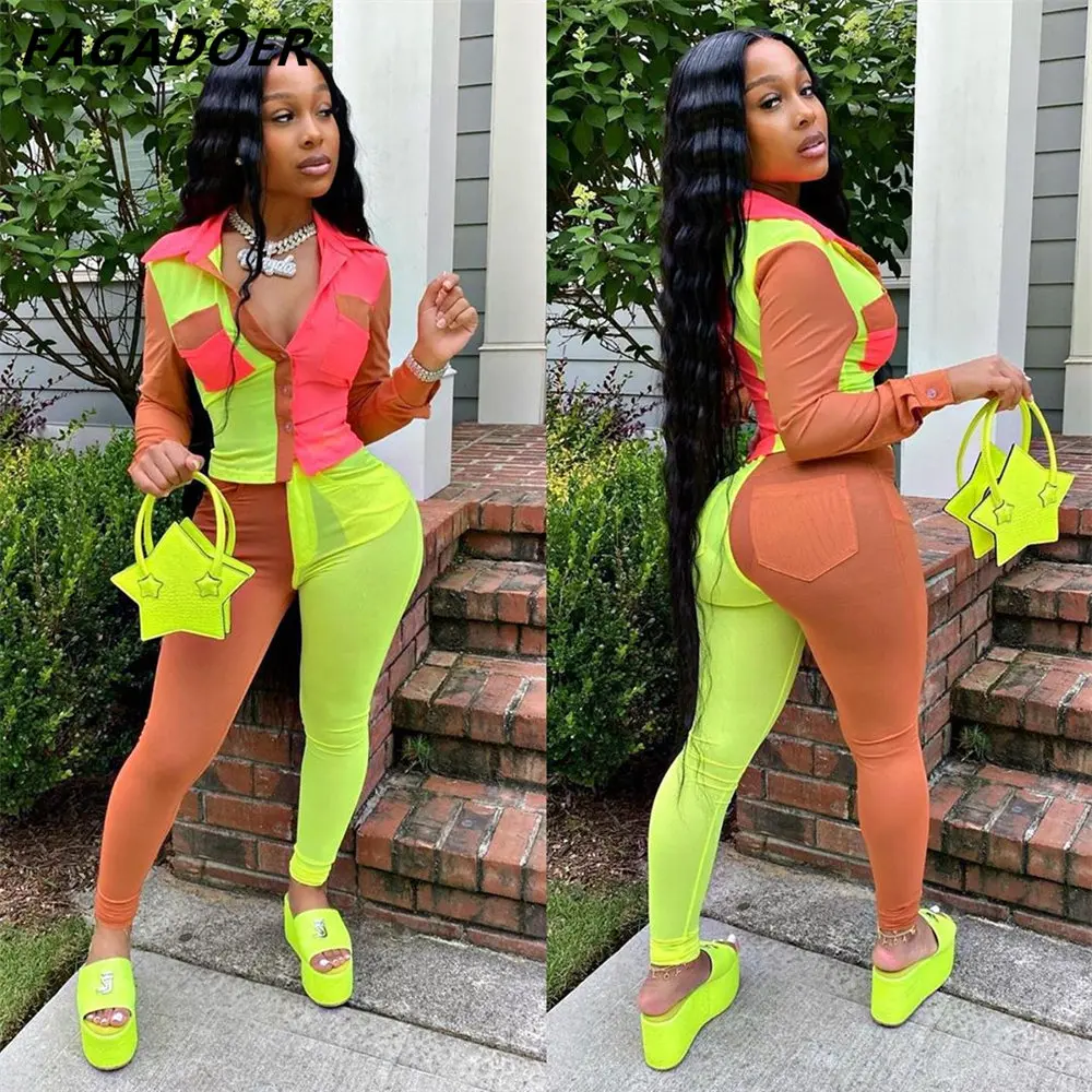 Top Trends: FAGADOER Neon Color Patchwork Two Piece Set Women Button Up Full Sleeve Top And Leggings Outfits Autumn Club Birthday Tracksuits Shoppable Styles