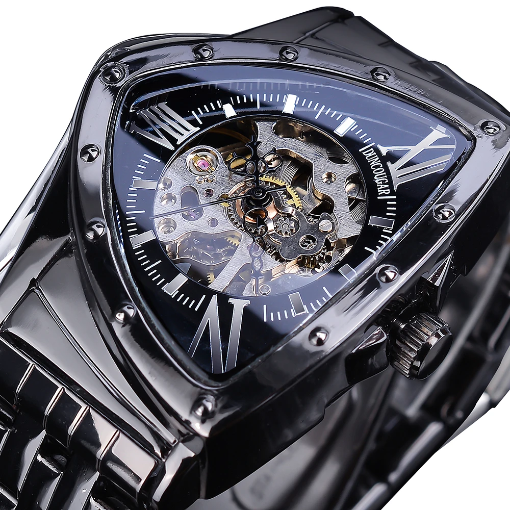 Top Trends: DUNCOUGAR Triangle Skeleton Black Automatic Watch Stainless Steel Men Business Sport Irregular Mechanical Wristwatch Shoppable Styles