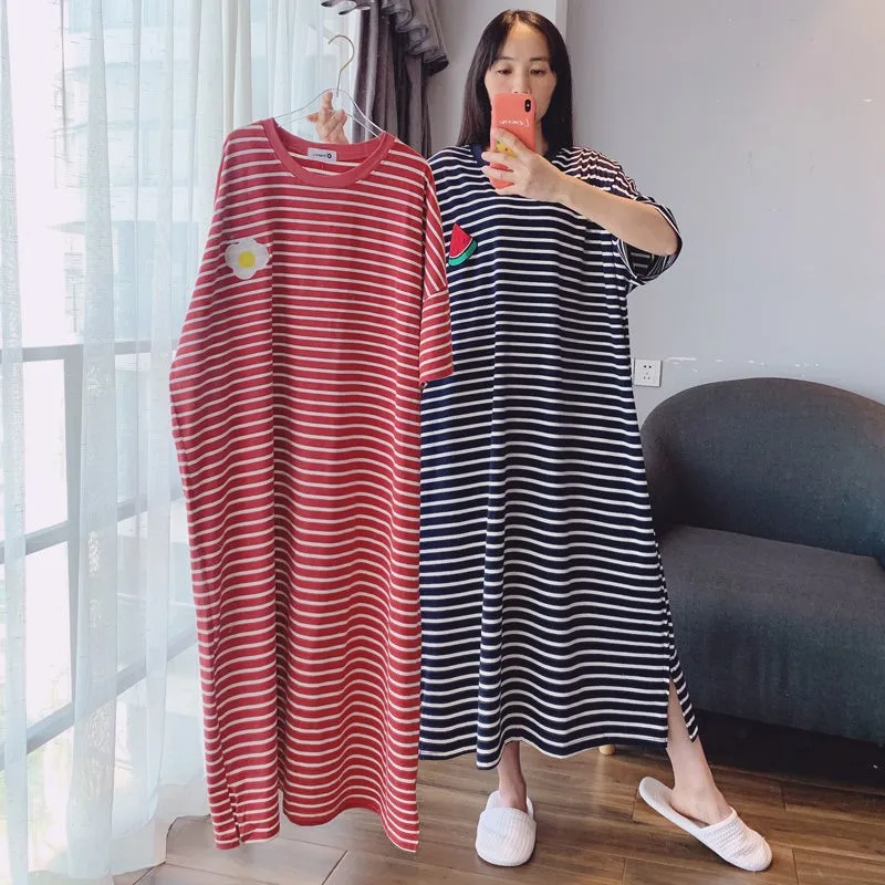 Top Trends: 6XL Women Short Sleeve Homewear Nightdress Striped Nightwear Home Dressing Gown Summer New Robe Long Nightgown Shoppable Styles