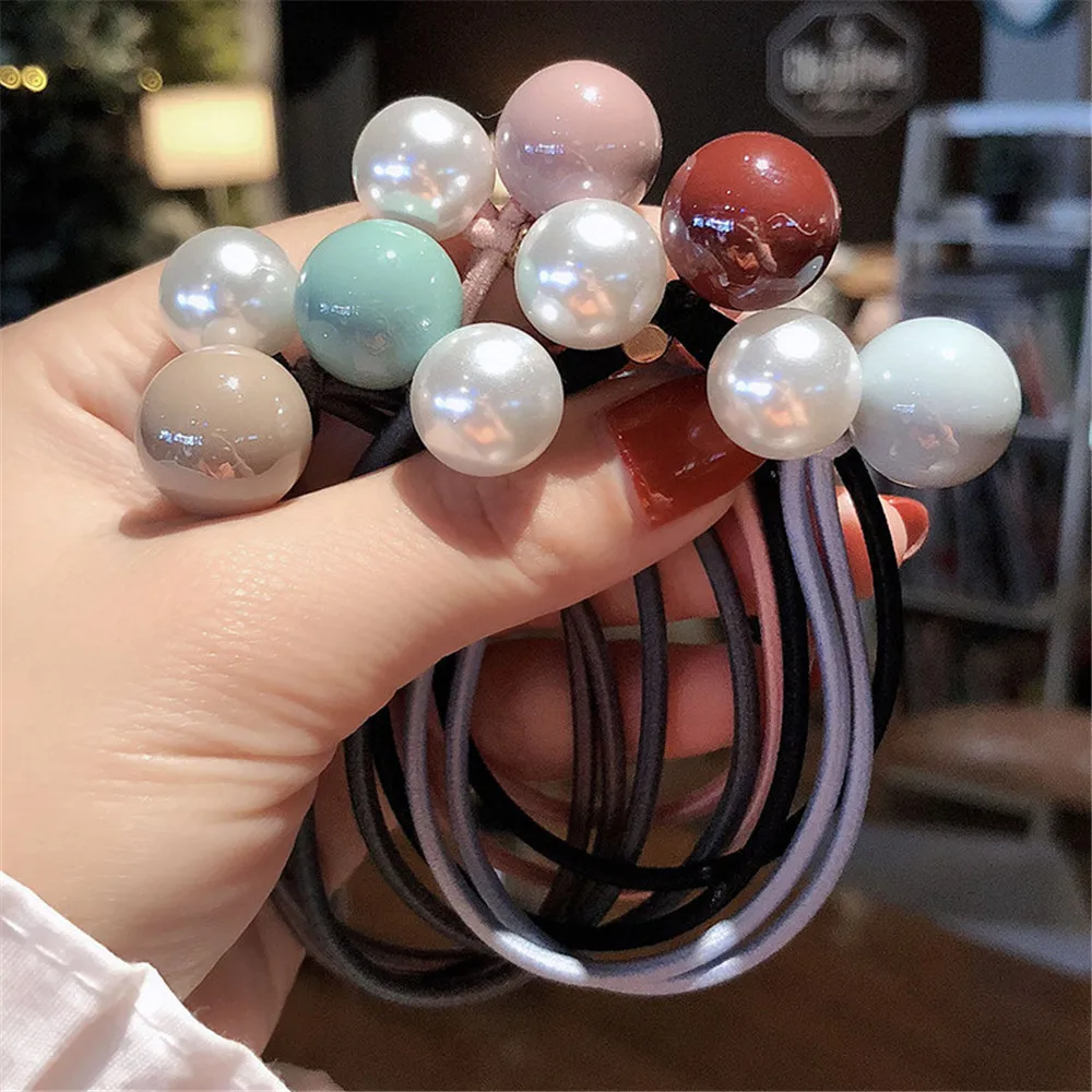 Top Trends: 5Pcs Random Mixed Color Fresh Lady Hair Rope Bow High Elastic Rubber Band Cute Pearl Hair Band Hair Accessories Headdress Shoppable Styles