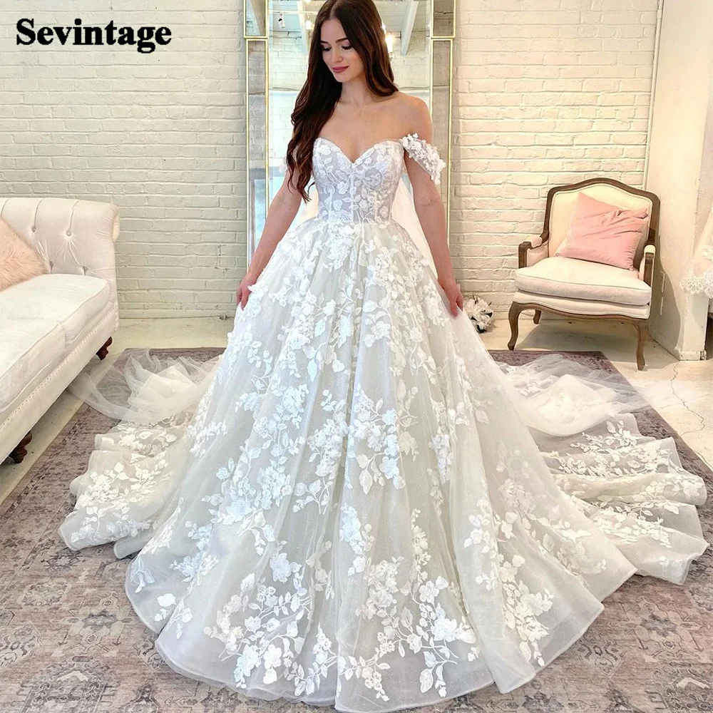 Top Trends: Sevintage Boho Wedding Dresses Off The Shoulder Lace Appliques 3D Flowers Wedding Gown Sweetheart Bridal Dress With Long Train Shoppable Styles