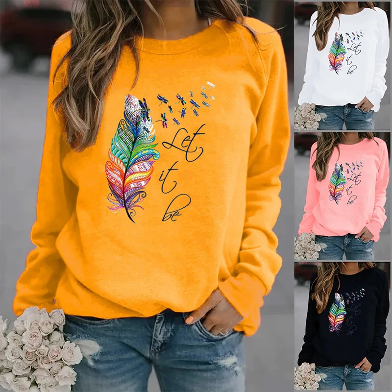 Top Trends: Feather Let It Be Printed Hoodies Women Fleece Long Sleeve O Neck Loose Sweatshirt Girls Women Hoodie Pullovers Winter Shoppable Styles