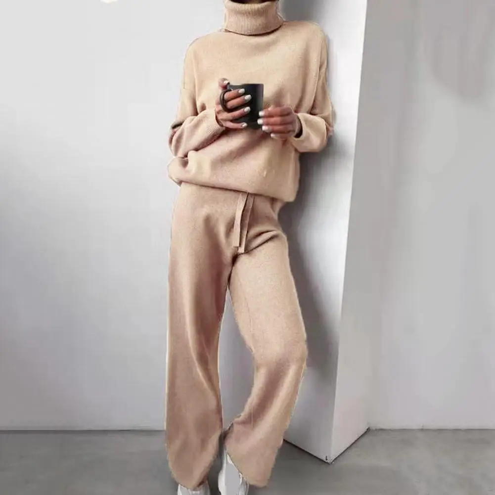 Top Trends: Fashion Long Sleeve Tops Winter Soft Knitted Lady 2 Piece Set Turtleneck Pullover Tops+ Pants Outfits Autumn Solid Home Suit Shoppable Styles