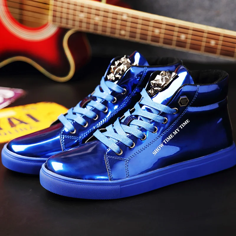 Top Trends: British Style Blue Shiny Mens Shoes Casual Hip Hop Luxury Designer Shoes Men Fashion High Top Sneakers Men Casual Glitter Shoes Shoppable Styles