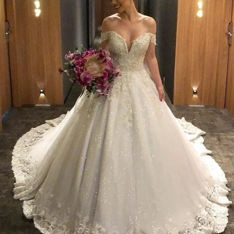 Top Trends: 2022 Ball Gown Wedding Dress Sweetheart Off Shoulder Lace Appliques Backless Shining Tulle Princess Bridal Gown Vestido De Noiva Shoppable Styles