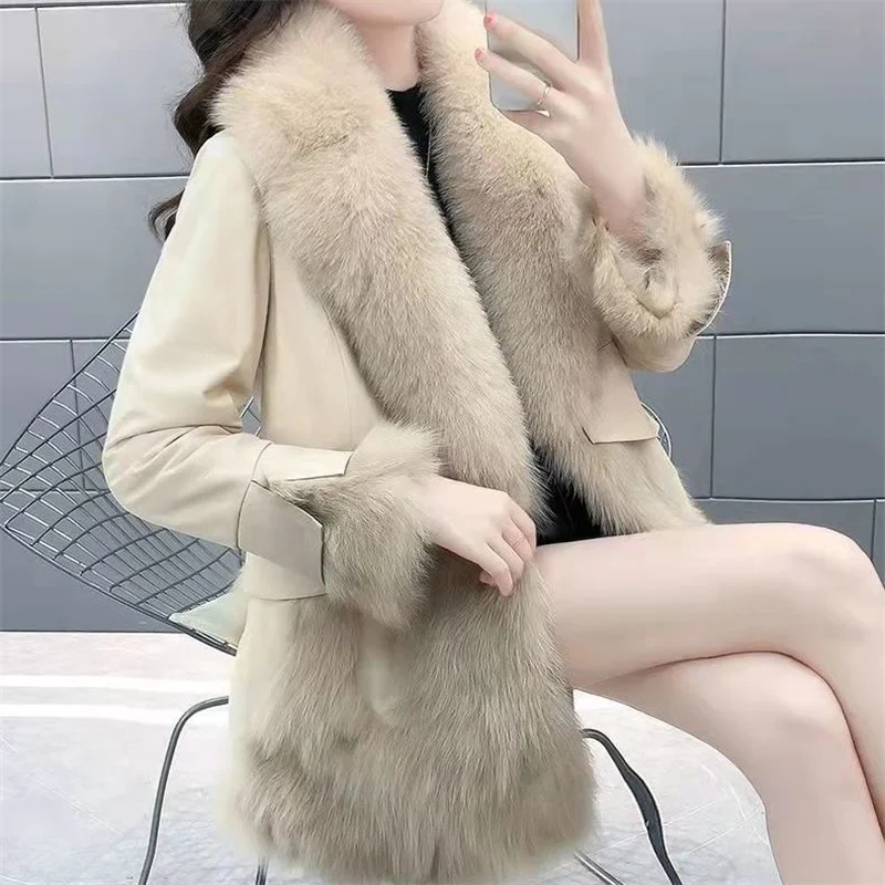 Top Trends: 2023 New Black Fur Coat Women's Winter Jacket Slim Mid-Long Fox Fur PU Leather Stitching Haining Coat Female Fashion Coat Trend Shoppable Styles