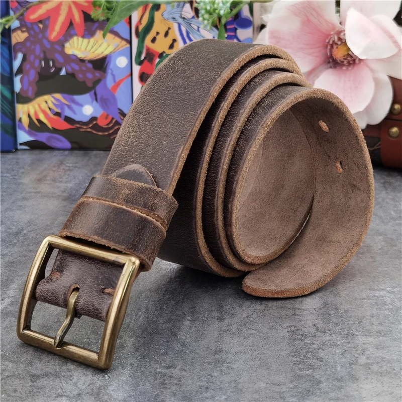 Top Trends: Retro Jeans Leather Belt Men Ceinture Vintage Brass Belt Buckle Genuine Leather Belts For Men Long Waist Belt Male MBT0009 Shoppable Styles - Image 6