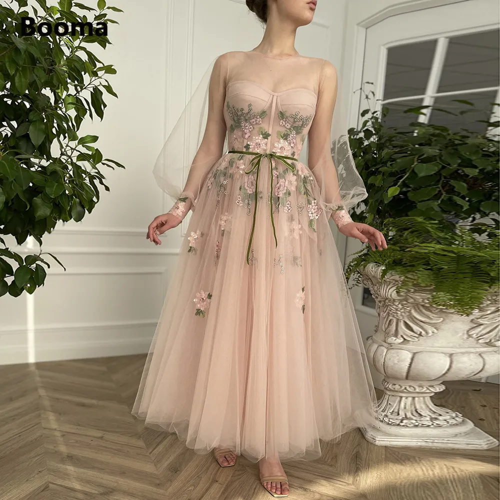 Top Trends: Booma Blush Pink Prom Dresses Long Sleeves Illusion Neckline Appliques Wedding Party Dresses Tea-Length A-Line Evening Gowns Shoppable Styles