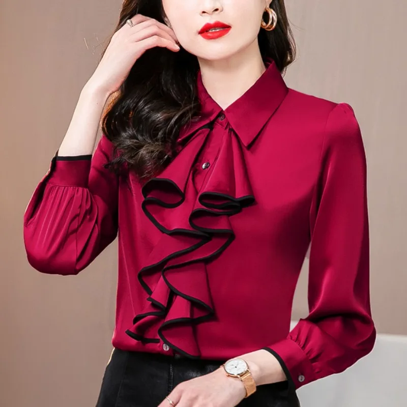 Top Trends: Women Elegant TuxedoTops Flounce Frill Blouses Satin Silk Long Sleeve Formal Business Office Lady Work Wear Shirts Female Blusas Shoppable Styles