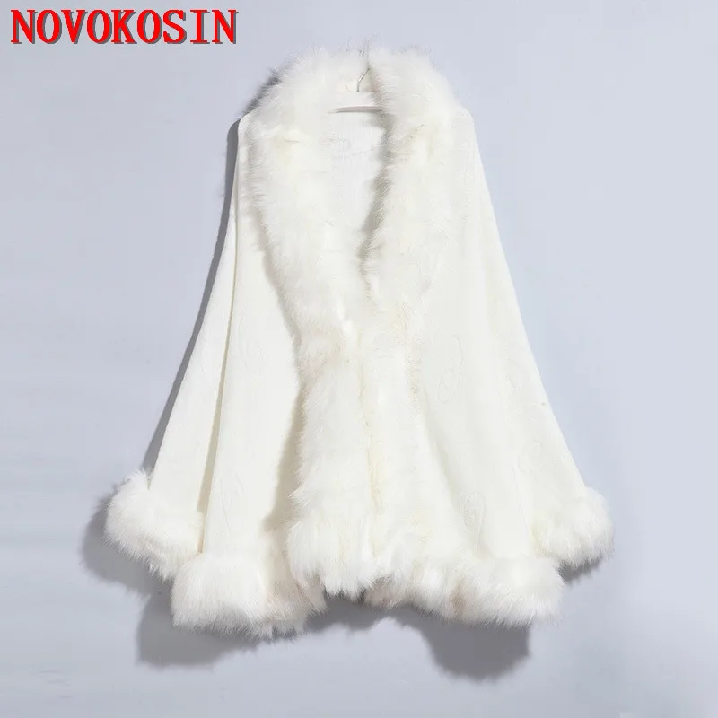 Top Trends: 13 Colors White Open Stitch Long Bawting Sleeves Shawl Black Embossing Floral Poncho Big Faux Fox Fur Neck Cloak Knitted Coat Shoppable Styles