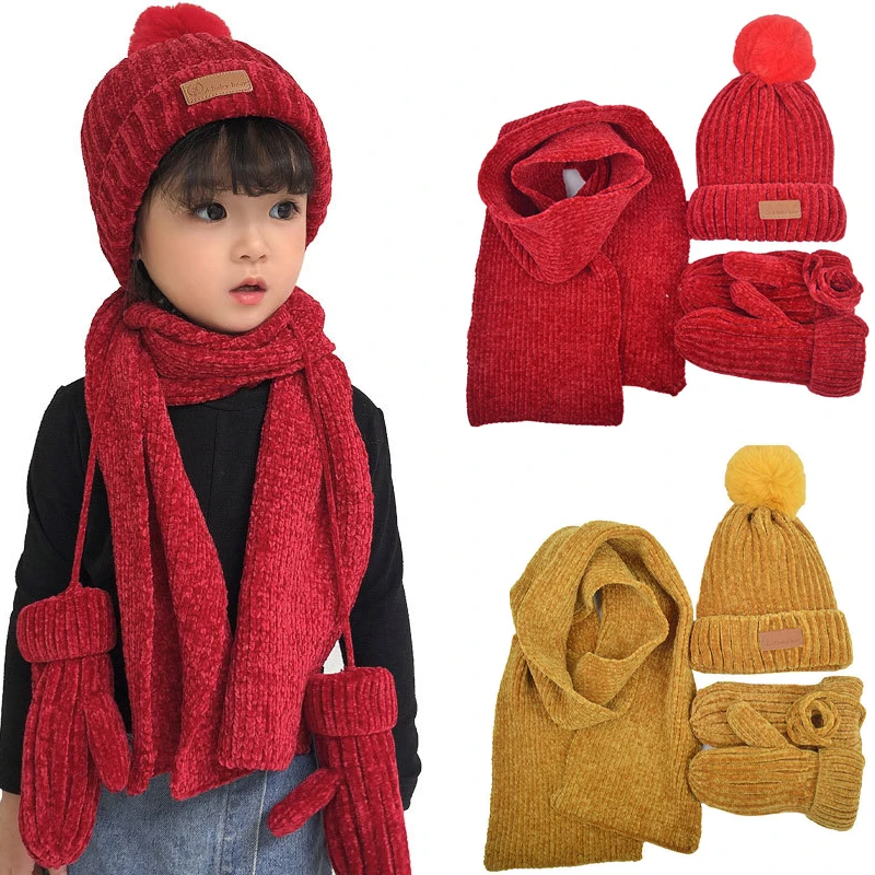 Top Trends: Three-piece Knitted Hats Scarf Gloves Set Children Hat PomPon Autumn Winter Warm Mitten Boy Cap Beanie Fashion Sets Kids Caps Shoppable Styles