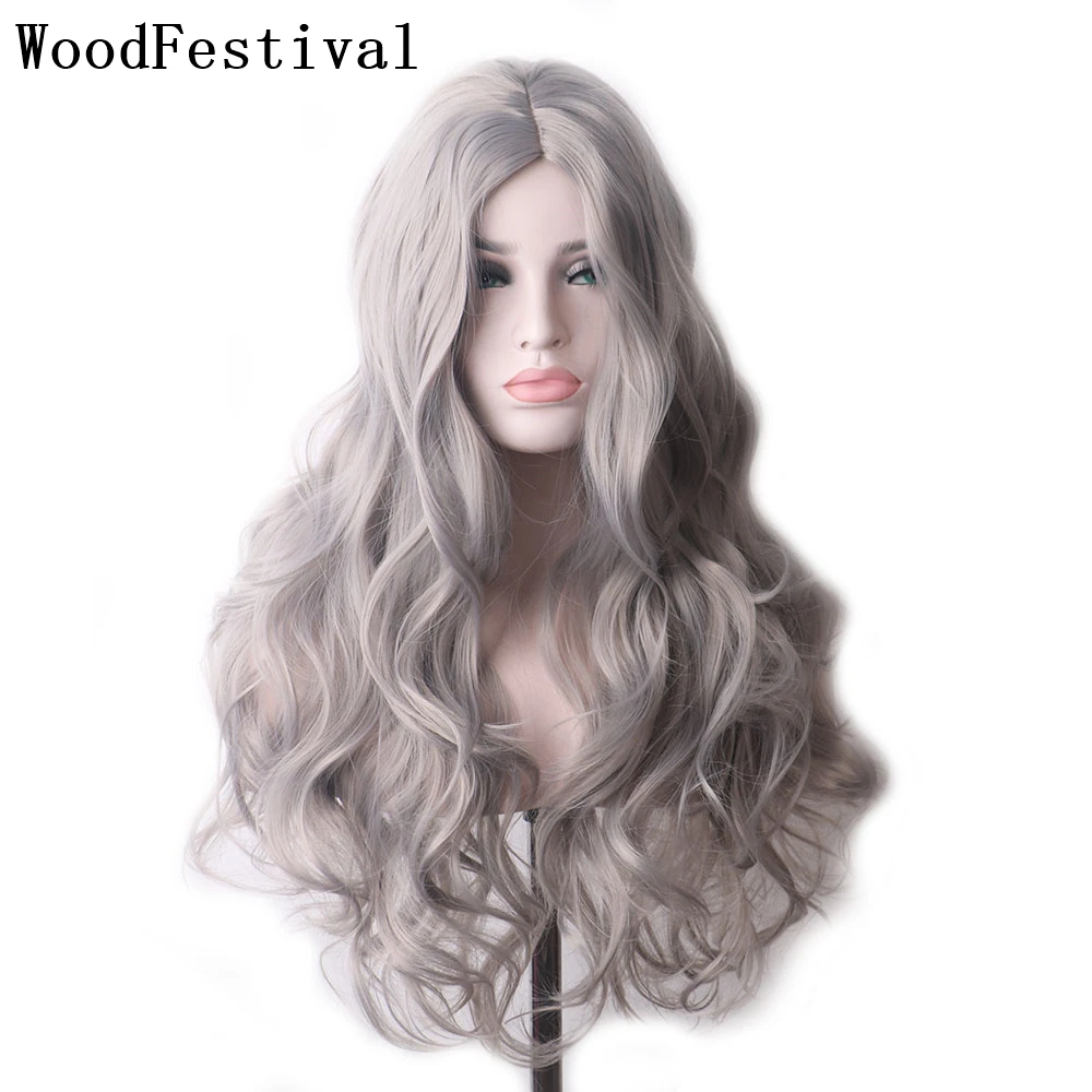 Top Trends: WoodFestival Synthetic Hair Grey Wig Cosplay Long Wigs For Women Blonde Pink Red Black And White Green Brown Blue Purple Colored Shoppable Styles