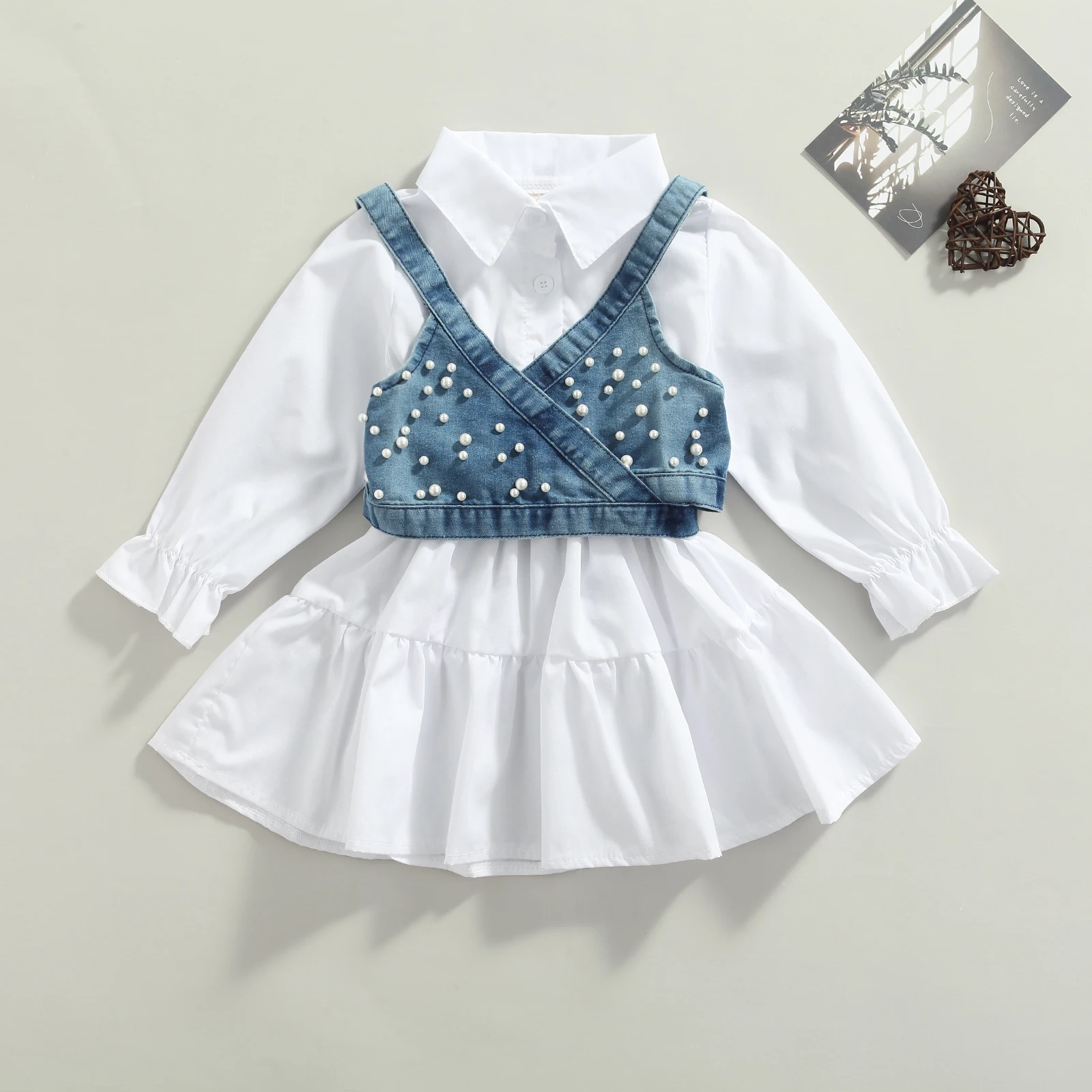 Top Trends: Baby Girls 2Pcs A-Line Shirt Dress Long Sleeves Denim Beading Vest With Pearl Deccor Solid Color Summer Clothes Outfit 1-6 Years Shoppable Styles