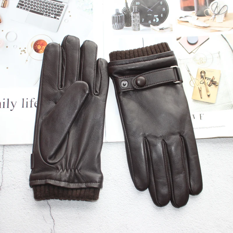 Top Trends: High-quality Sheepskin Touch Screen Gloves Men&#039;s New Corrugated Wool Knitted Warm Velvet Motorcycle Driving Leather Gloves Shoppable Styles